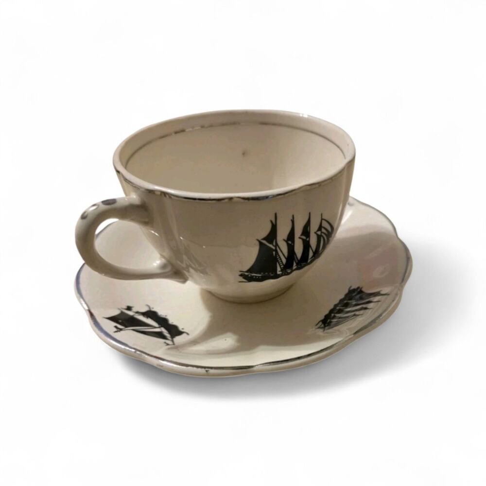 Vintage W. S. George 2820 Ivory Ceramic Cup and Saucer Clipper Ship Silhouettes